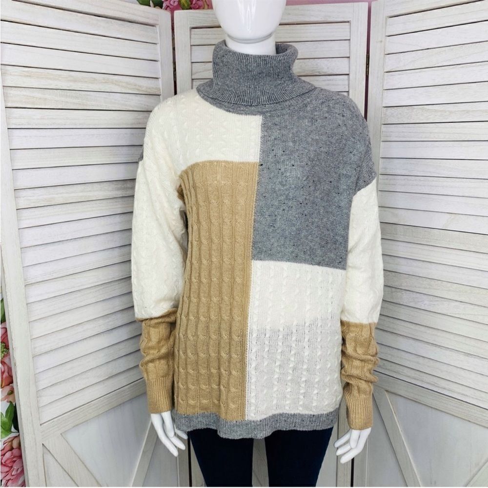 Versona Multi Pattern Color Block Turtleneck Sweater Gray‎ Tan Large